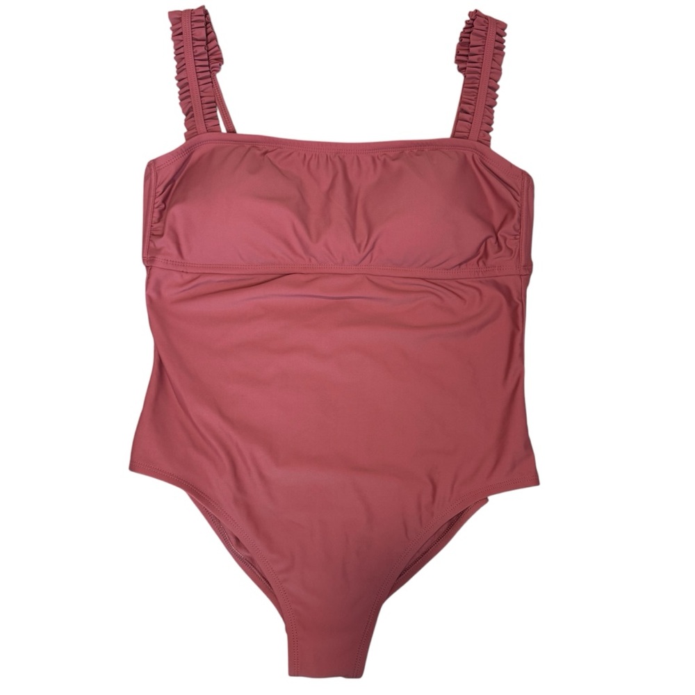 NWT Kona Sol Swim, Women’s Square Neck Ruffle Shoulder Swimsuit, Pink, Large